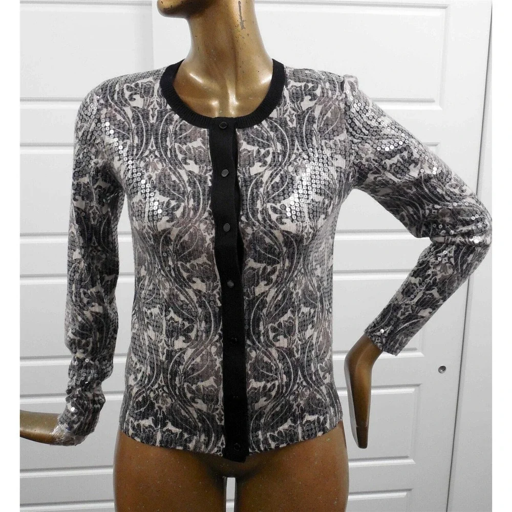 Tory Burch Black‎ Beige Sequin Cardigan Sweater sz M